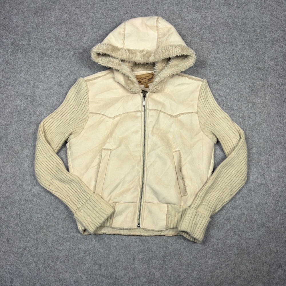 Marcelle Renee Vintage Mixed Media Faux Suede Knit Quilted Hooded Jacket Cream M